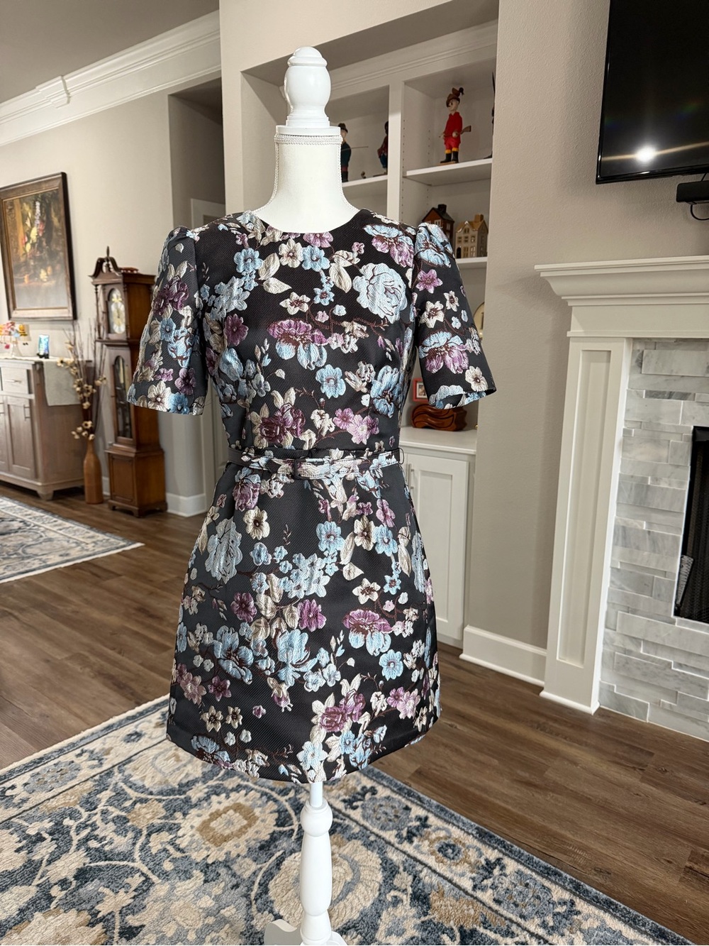 Gal meets Glam Black Floral Sheath Dress with Blue and Purple Blooms